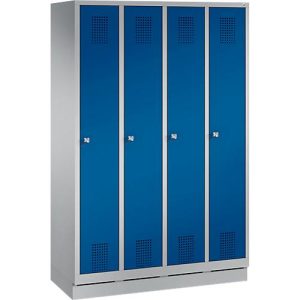 Garderobenspind Evolo S 3000, Stahl, m. Sockel, 4 Abteile m. jew. B 300 mm, Zylinderschloss, weißaluminium RAL 9006/enzianblau RAL 5010
