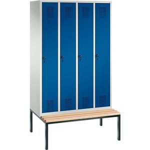 Garderobenspind Evolo S 3000, Stahl, m. untergeb. Sitzbank, 4 Abteile m. jew. B 300 mm, Sicherheitsdrehriegelverschluss, lichtgrau RAL 7035/enzianblau RAL 5010