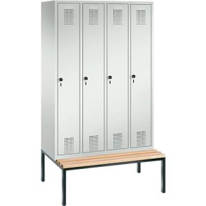 Garderobenspind Evolo S 3000, Stahl, m. untergeb. Sitzbank, 4 Abteile m. jew. B 300 mm, Sicherheitsdrehriegelverschluss, lichtgrau RAL 7035/lichtgrau RAL 7035