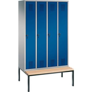Garderobenspind Evolo S 3000, Stahl, m. untergeb. Sitzbank, 4 Abteile m. jew. B 300 mm, Sicherheitsdrehriegelverschluss, weißaluminium RAL 9006/enzianblau RAL 5010