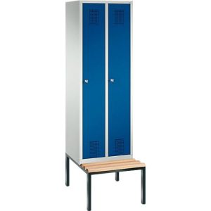 Garderobenspind Evolo S 3000, Stahl, m. untergebauter Sitzbank, 2 Abteile m. jew. B 300 mm, Zylinderschloss, lichtgrau RAL 7035/enzianblau RAL 5010