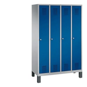 Garderobenspind Evolo S 3000, Stahl, mit Füßen, 4 Abteile mit jeweils B 300 mm, Zylinderschloss, weißaluminium RAL 9006/enzianblau RAL 5010