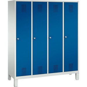 Garderobenspind Evolo S 3000, Stahl, mit Füßen, 4 Abteile mit jeweils B 400 mm, Zylinderschloss, lichtgrau RAL 7035/enzianblau RAL 5010