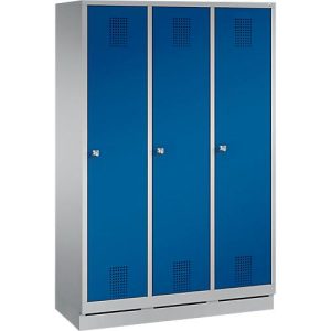 Garderobenspind Evolo S 3000, Stahl, mit Sockel, 3 Abteile mit jeweils B 400 mm, Zylinderschloss, weißaluminium RAL 9006/enzianblau RAL 5010