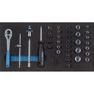 Gedore Werkzeugeinlage 1500 CT1-20, 1/3 Modul, inkl. Steckschlüsselsortiment, 37-tlg., B 157,5 x T 310 x H 35 mm, Schaumstoff, schwarz/blau