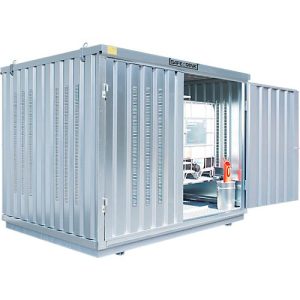 Gefahrstoffcontainer Säbu SAFE TANK 1000 KTC, für 2 x 1000 l IBC, passive Lagerung, mit Lüftungskiemen, Auffangwanne & Gitterrost, B 3050 × T 2170 × H 2310 mm
