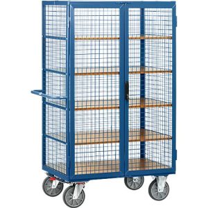 Gitterschrankwagen, mit Doppelflügeltür, abschließbar, 5 Holzböden, bis 750 kg, 1000 x 680 mm, blau