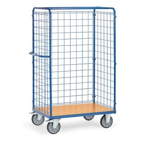 Gitterwagen fetra®, Lenk- & Bockrollen, bis 600 kg, L 1369 x B 809 x H 1800 mm, Stahl & Holz, brillantblau RAL 5007 & Buche-Dekor