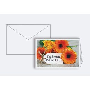 Glückwunschkarte Korsch, ‚Die besten Wünsche‘, orange Gerbera, Blindprägung, weißes Kuvert, 10 Stück, DIN B6, L 170 x H 115 mm