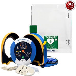 HeartSine SAM500P Reanimations-Defibrillator, AED, mit manueller Schockabgabe, mit Alarm, 4 Jahre Allgefahren-Zusatzversicherung, im Acrylglaswandkasten