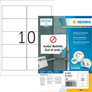 Herma Adressetiketten Special Nr. 10307, 96 x 50,8 mm, selbstklebend, ablösbar, bedruckbar, weiß, 1000 Stück auf 100 Blatt Herma Adressetiketten Special Nr. 10307, 96 x 50,8 mm, selbstklebend, ablösbar, bedruckbar, weiß, 1000 Stück auf 100 Blatt