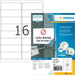 Herma Adressetiketten Special Nr. 10309, 99,1 x 33,8 mm, selbstklebend, ablösbar, bedruckbar, weiß, 1600 Stück auf 100 Blatt Herma Adressetiketten Special Nr. 10309, 99,1 x 33,8 mm, selbstklebend, ablösbar, bedruckbar, weiß, 1600 Stück auf 100 Blatt