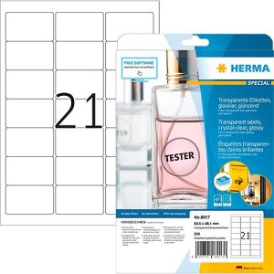 Herma Folien-Etiketten Nr. 8017, Polyesterfolie, wetterfest, transparent, glänzend, bedruckbar, permanent, 250 Stück auf 25 Blatt