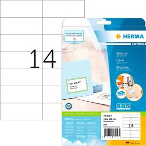 Herma Premium-Adressetiketten Nr. 5057, 105 x 42,3 mm, selbstklebend, permanenthaftend, bedruckbar, Papier, weiß, 350 Stück auf 25 Blatt