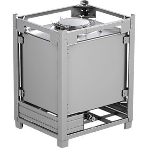 IBC-Container SCHÄFER BTA PTFE, 1000 l, UN-Zulassung, Sicherheitsventil, stapelbar, auf Transportgestell, Edelstahl 1.4404 (V4A), B 1015 x T 1215 x H 1550 mm