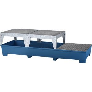 IBC-Station ASECOS, Stahl, mit Gitterrost, 2 Abfüllböcken u. Staplerschuhen, 1000 l Auffangvolumen, B 3280 x T 1300 x H 820 mm, lackiert