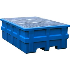 IBC-Station, Volumen 1000 l, bis 2000 kg, unterfahrbar, mit verzinktem Gitterrost, Polyethylen, blau, B 1980 x T 1370 x H 690 mm