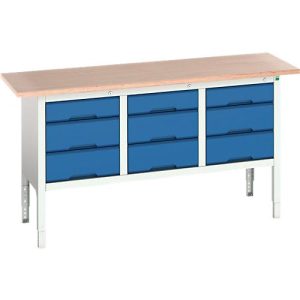 Kastenwerkbank Boot verso, mit Multiplex-Platte, 9 Schubladen, B 1750 x T 600 x H 830 – 930 mm, RAL 7035 Lichtgrau / RAL 5010 Enzianblau