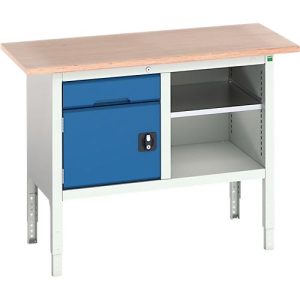 Kastenwerkbank Bott verso, mit Multiplex-Platte, 1 Schublade & 1 Ablageboden & 1 Tür, B 1250 x T 600 x H 830 – 930 mm, Lichtgrau / Enzianblau