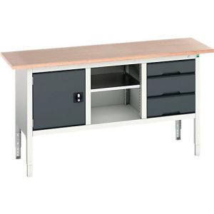 Kastenwerkbank Bott verso, mit Multiplex-Platte, 3 Schubladen & 1 Ablageboden & 1 Tür, B 1750 x T 600 x H 830 – 930 mm, RAL 7035 Lichtgrau / RAL 7016 Anthrazitgrau