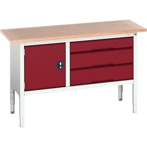 Kastenwerkbank Bott verso, mit Multiplex-Platte, 3 Schubladen & 1 Tür, B 1500 x T 600 x H 830 – 930 mm, Lichtgrau RAL 7035 / Purpurrot RAL 3004