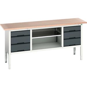 Kastenwerkbank Bott verso, mit Multiplex-Platte, 6 Schubladen & 1 Ablageboden, B 2000 x T 600 x H 830 – 930 mm, RAL 7035 Lichtgrau / RAL 7016 Anthrazitgrau