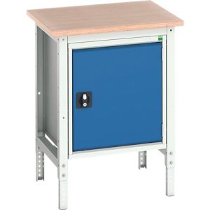 Kastenwerkbank Bott verso, Multiplex-Platte, 1 Tür, 1 Ablageboden, B 700 x T 600 x H 780 – 930 mm, Lichtgrau / Enzianblau
