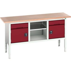 Kastenwerkbank Bott verso, Multiplex-Platte, 2 Schubladen, 1 Ablageboden, 2 Türen, B 1750 x T 600 x H 830 – 930 mm, Lichtgrau / Purpurrot