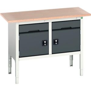 Kastenwerkbank Bott verso, Multiplex-Platte, 2 Schubladen und 2 Türen, B 1500 x T 600 x H 830 – 930 mm, RAL 7035 Lichtgrau / Anthrazitgrau