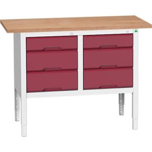 Kastenwerkbank Bott verso, Multiplex-Platte, 6 Schubladen, B 1250 x T 600 x H 830 – 930 mm, RAL 7035 Lichtgrau / Purpurrot