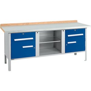 Kastenwerkbank Schäfer Shop Select PW 200-0, ESD, Buche Multiplexplatte, mit Stahlabdeckung, bis 750 kg, B 2000 x T 700 x H 840 mm, Enzianblau