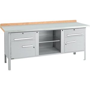 Kastenwerkbank Schäfer Shop Select PW 200-0, ESD, Buche Multiplexplatte, mit Stahlabdeckung, bis 750 kg, B 2000 x T 700 x H 840 mm, Weißaluminium