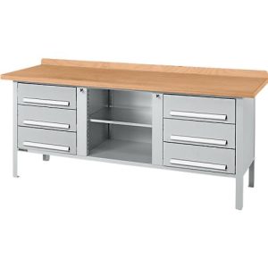 Kastenwerkbank Schäfer Shop Select PW 200-2, Buche Multiplexplatte, bis 750 kg, B 2000 x T 700 x H 840 mm, Weißaluminium