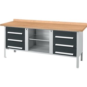 Kastenwerkbank Schäfer Shop Select PW 200-2, mitteldichte Faserplatte (MDF), bis 750 kg, B 2000 x T 680 x H 838 mm, Anthrazit