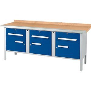 Kastenwerkbank Schäfer Shop Select PW 200-5, Buche Multiplexplatte, mit Stahlkante, bis 750 kg, B 2000 x T 700 x H 840 mm, Enzianblau