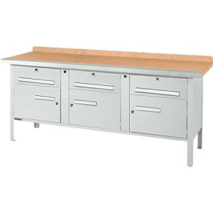 Kastenwerkbank Schäfer Shop Select PW 200-5, Buche Multiplexplatte, mit Stahlkante, bis 750 kg, B 2000 x T 700 x H 840 mm, Lichtgrau
