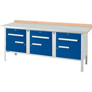Kastenwerkbank Schäfer Shop Select PW 200-5, ESD, Buche Multiplexplatte, mit Stahlabdeckung, bis 750 kg, B 2000 x T 700 x H 840 mm, Enzianblau