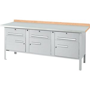 Kastenwerkbank Schäfer Shop Select PW 200-5, ESD, Buche Multiplexplatte, mit Stahlabdeckung, bis 750 kg, B 2000 x T 700 x H 840 mm, Weißaluminium