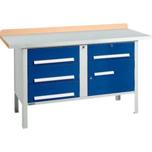 Kastenwerkbank Schäfer Shop Select PWi 150-5, ESD, Buche Multiplexplatte, mit Stahlabdeckung, bis 750 kg, B 1500 x T 700 x H 840 mm, Enzianblau
