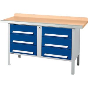 Kastenwerkbank Schäfer Shop Select PWi 150-6, Buche Multiplexplatte, mit Stahlkante, bis 750 kg, B 1500 x T 700 x H 840 mm, Enzianblau