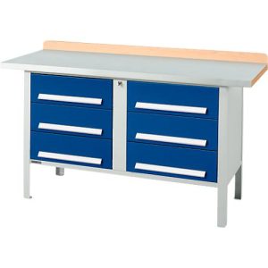 Kastenwerkbank Schäfer Shop Select PWi 150-6, ESD, Buche Multiplexplatte, mit Stahlabdeckung, bis 750 kg, B 1500 x T 700 x H 840 mm, Enzianblau