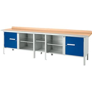 Kastenwerkbank Schäfer Shop Select PWi 300-1, Buche Multiplexplatte, mit Stahlkante, bis 750 kg, B 3000 x T 700 x H 840 mm, Enzianblau