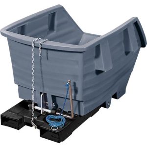 Kippbehälter, Polyethylen, grau, B 920 x T 1420 x H 590 mm, 300 l, Schüttkanthöhe 370 mm, bis 150 kg, Kipp-Arretierungsvorrichtung