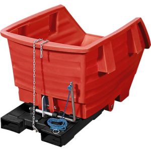 Kippbehälter, Polyethylen, rot, B 1170 x T 1660 x H 1060 mm, 1000 l, Schüttkanthöhe 635 mm, bis 250 kg, Kipp-Arretierungsvorrichtung