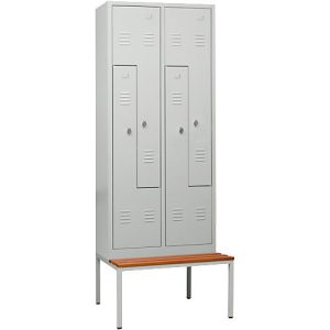 Kleiderspind, 4 Abteile, mit Sitzbank, B 800 x H 2200 mm, Drehriegelverschluss, lichtgrau/lichtgrau