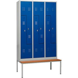 Kleiderspind, 6 Abteile, mit Sitzbank, 6 Fächer, mit Z-Türen, Drehriegelverschluss, lichtgrau/blau