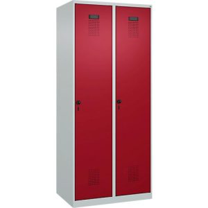 Kleiderspind C+P Evolo Plus, 2 Abteile, Anschlag rechts, Sicherheits-Drehriegel, B 800 x T 500 x H 1850 mm, lichtgrau/rubinrot