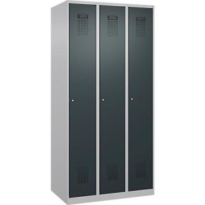 Kleiderspind C+P Evolo Plus, 3 Abteile, Anschlag rechts, Zylinderschloss, B 900 x T 500 x H 1850 mm, weißaluminium/anthrazitgrau