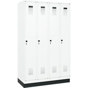 Kleiderspind C+P Evolo Plus, 4 Abteile, 300 mm Abteilbreite, mit Sockel, Anschlag rechts, B 1200 x T 500 x H 1950 mm, Drehriegel, verkehrsweiß/verkehrsweiß