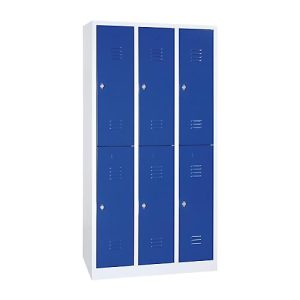 Kleiderspind, doppelstöckig, 2 x 3 Abteile, Drehriegelverschluss, lichtgrau RAL 7035/enzianblau RAL